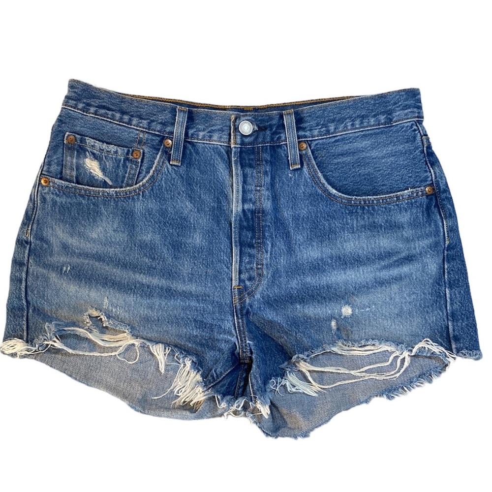 Levis 501 Jean Shorts Womens 31 Blue Cut‎ Off Premium Denim Button Fly 2.…